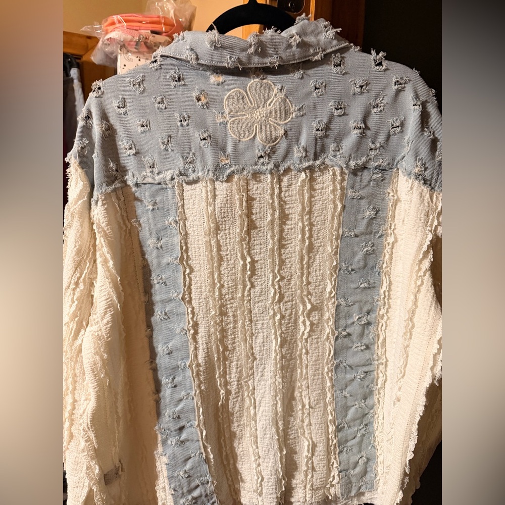 NWOT POL Distressed Light Blue Denim and Sweater Shacket - Picture 3 of 5